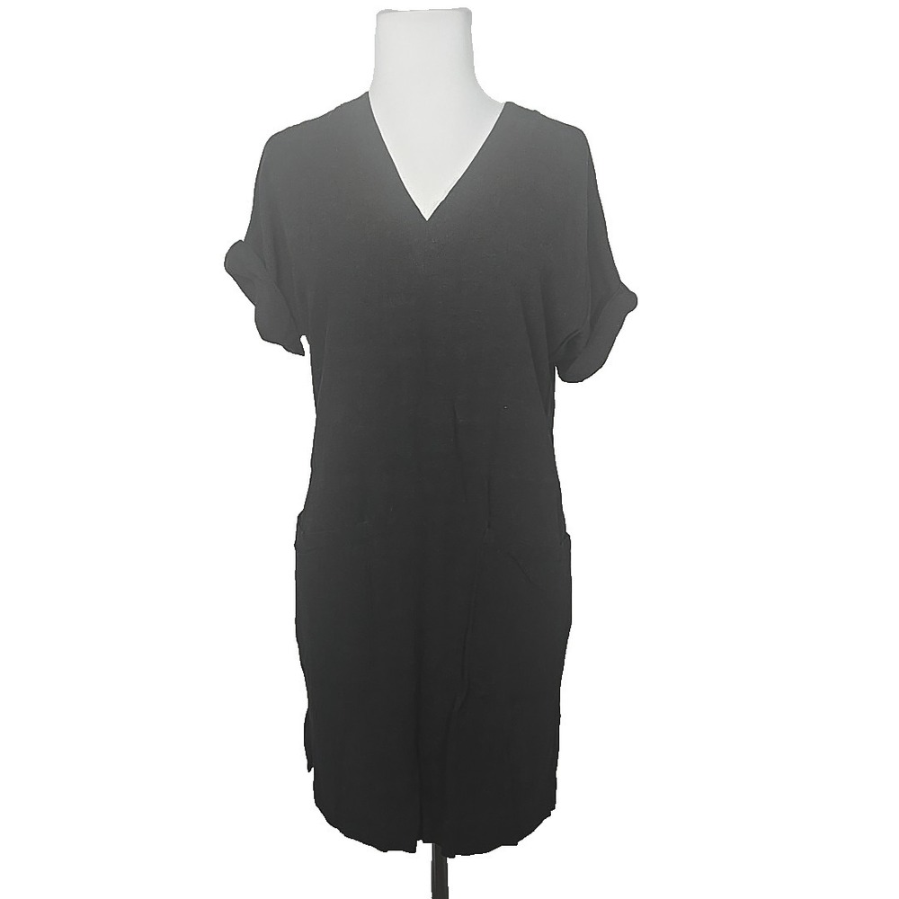 Splendid‎ X-Small Black Short Sleeve V-neck Linen Viscose Shift Dress W/ Pockets